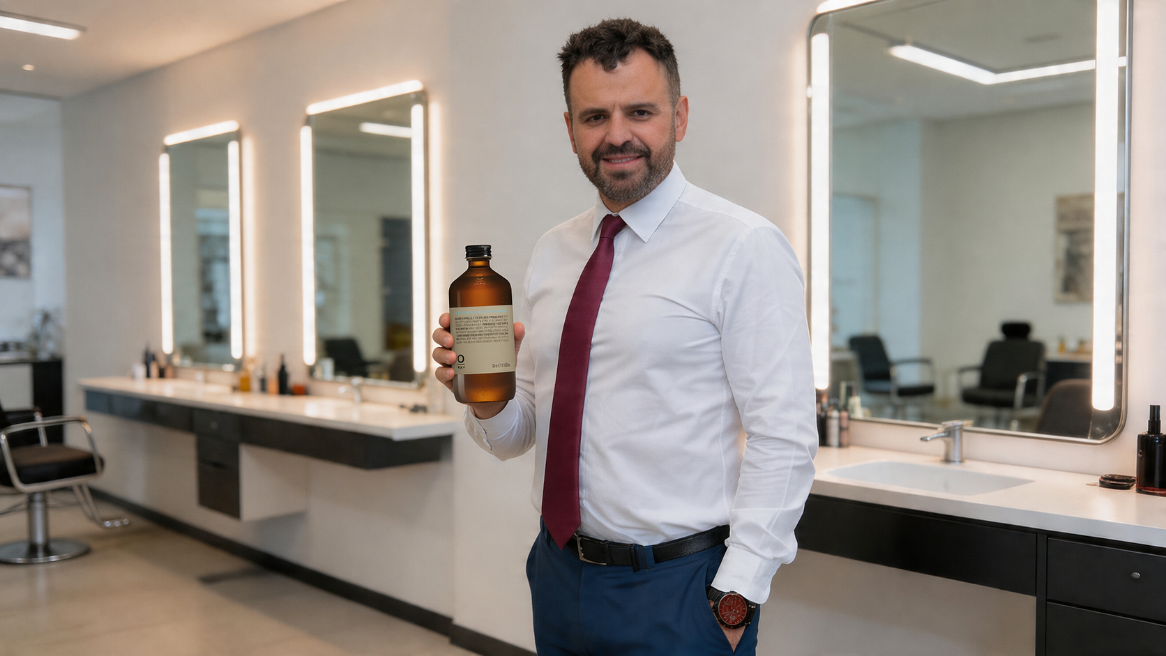 Łukasz Świątkowski prezentujący butelkę OWAY w salonie